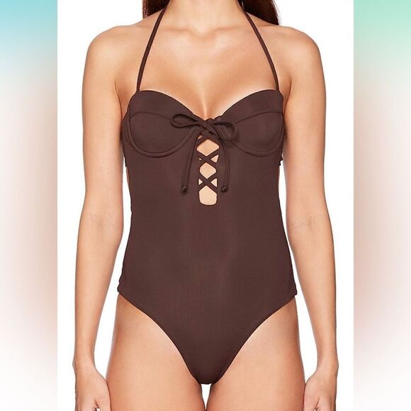 NEW Mara Hoffman Lattice Underwire One Piece Swimsuit Brown Size XL - Picture 1 of 14